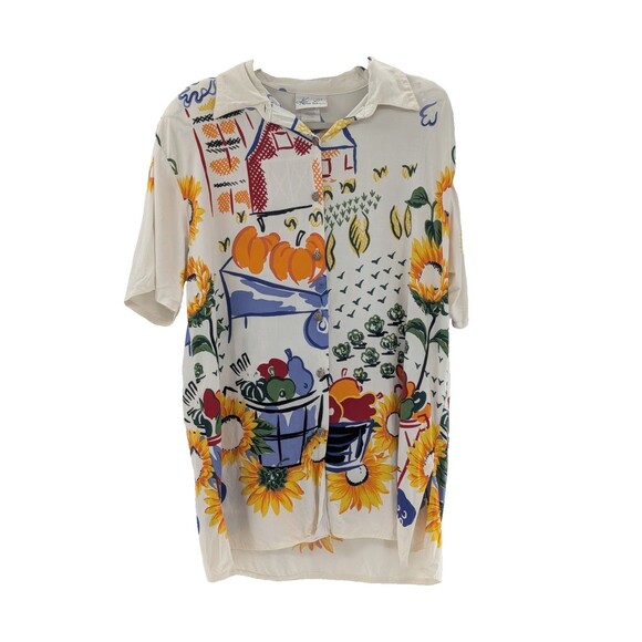 Kathie Lee Graphic Pumpkin Patch Fall Short Sleeve Button Shirt Blouse Size L/XL - Picture 8 of 8